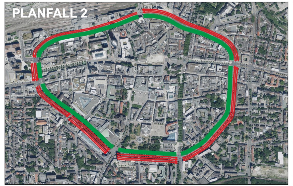 Luftbildaufnahme Dortmunds mit eingezeichneten Fahrbahnen und Parkverbotszonen entlang des Wallrings