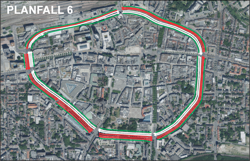 Luftbildaufnahme Dortmunds mit eingezeichneten Fahrbahnen und Parkverbotszonen entlang des Wallrings