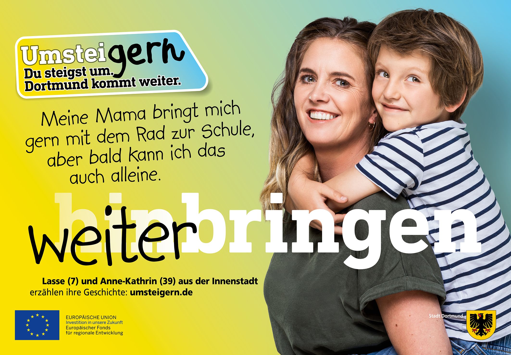 Plakat mit UmsteiGERN-Botschafterin Anne-Kathrin und ihrem Sohn Lasse