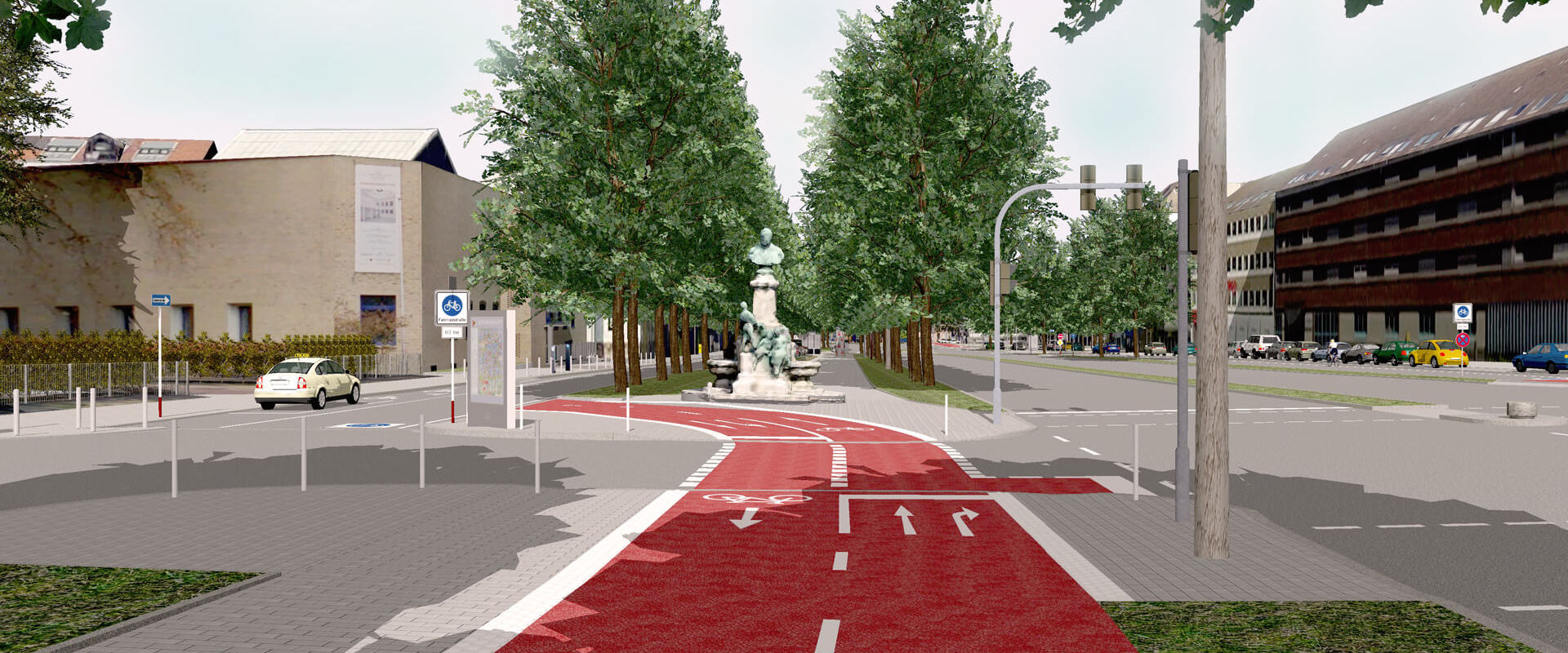 3D-Entwurf für die neue Fahrradstraße am Dortmunder Wallring, der im Rahmen der Emissionsfreien Innenstadt entsteht